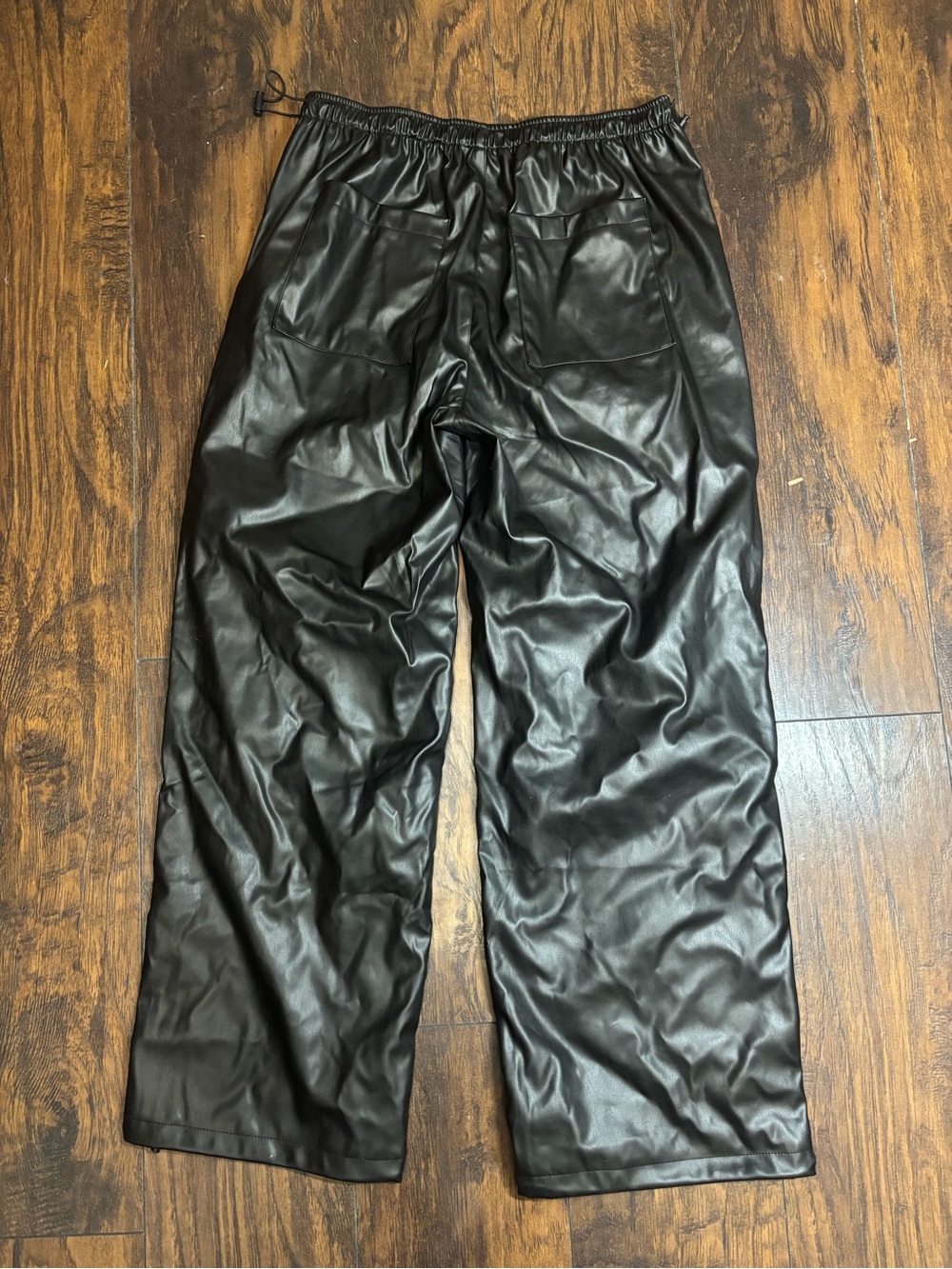 Women’s Black Faux Leather Jogger Pants Drawstring Waist - Picture 2 of 3